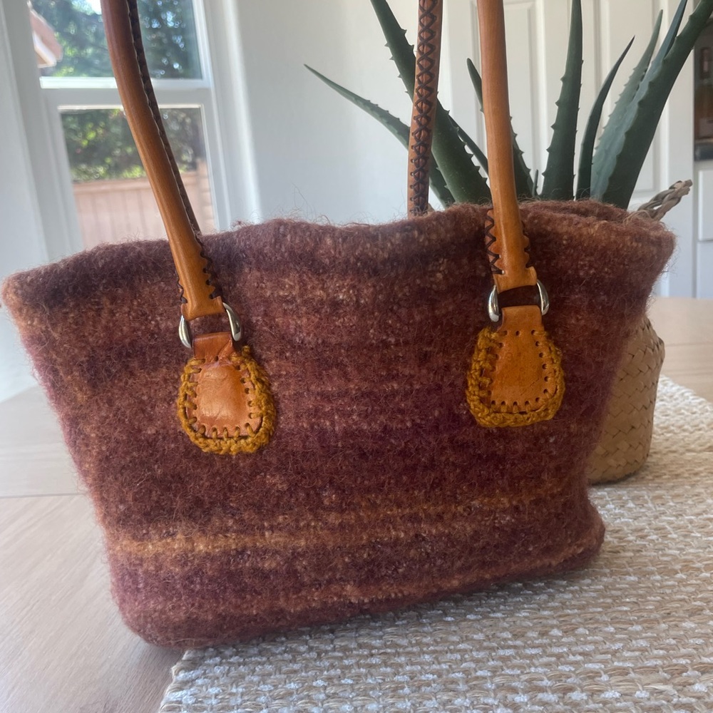 Handmade wool felt Blend Brown Tote Bag with Leather Handles